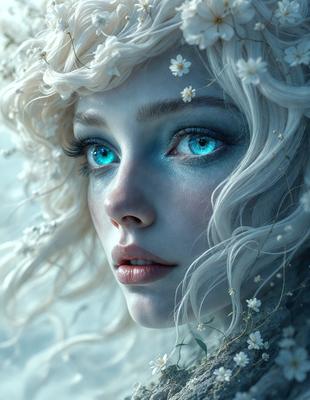 The primary subject of the image is a woman with white hair and blue eyes. She is wearing a white dress and has a flower in her hair. The setting is a snowy environment, with the woman standing in the snow. The visual style is a digital art, with the woman's eyes appearing to be blue and glowing. The colors and mood of the image are predominantly white and cold, creating a serene and enchanting atmosphere.